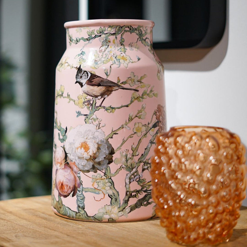 Heinen Delfts Blauw melkbus vaas bosvogels roze