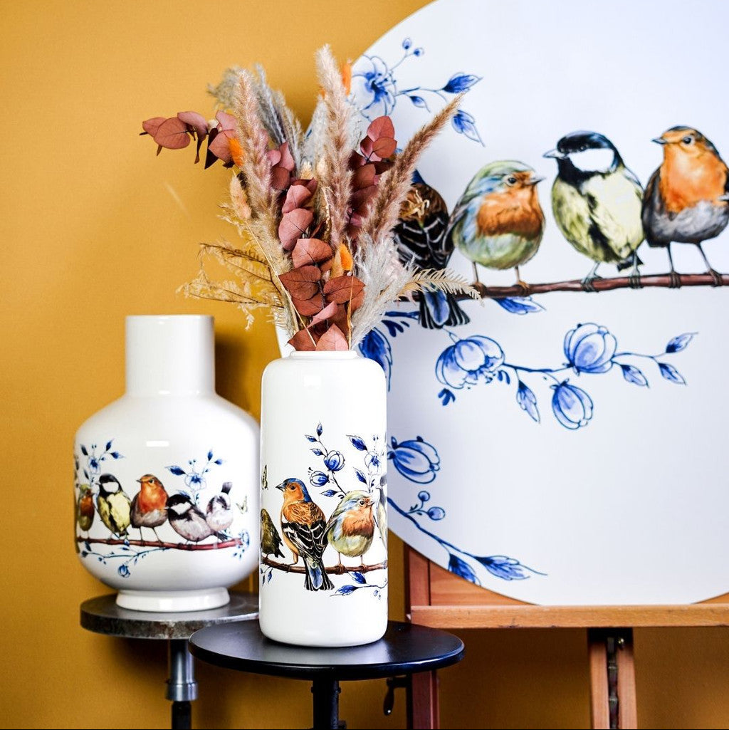 Heinen Delfts Blauw cilindervaas Bosvogels
