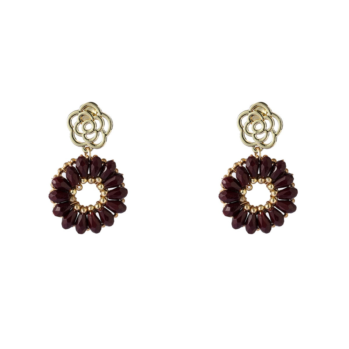 Flower Stud Long Round - 14K + Burgundy