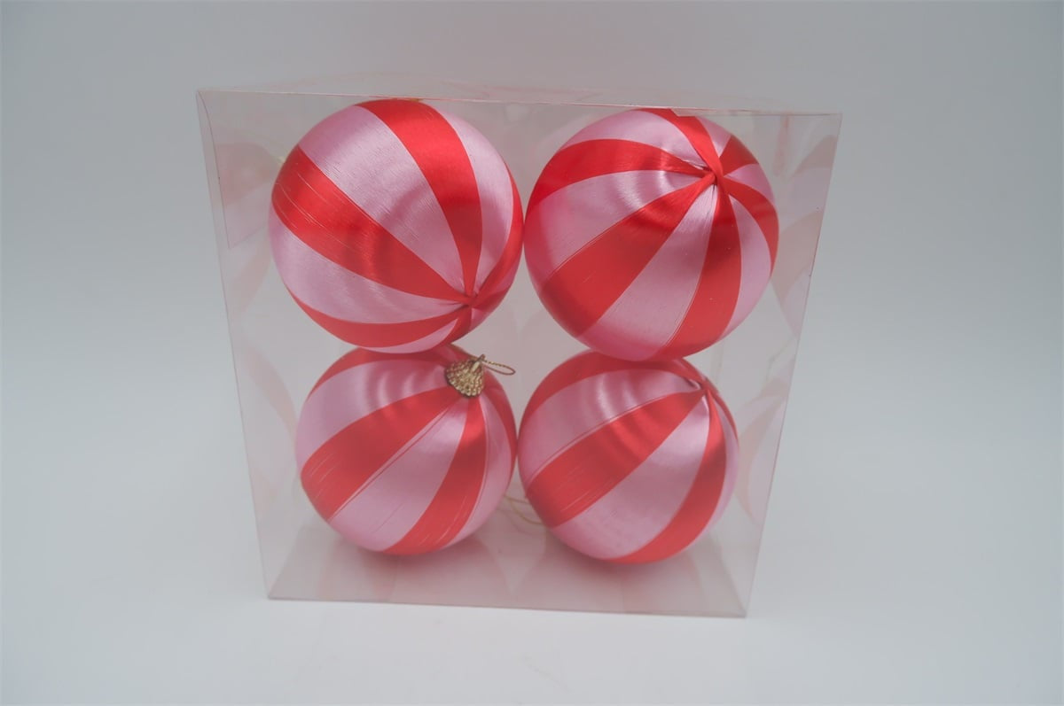 Kerstbal set van 4 gestreept roze/rood