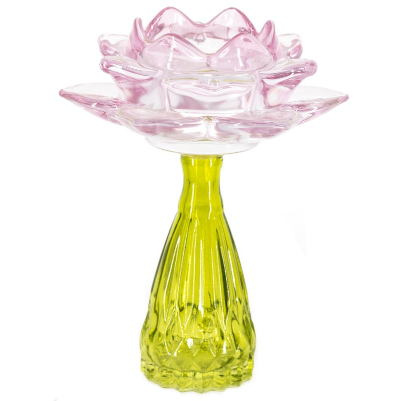 Waxinehouder bloem roze met groen gl1664