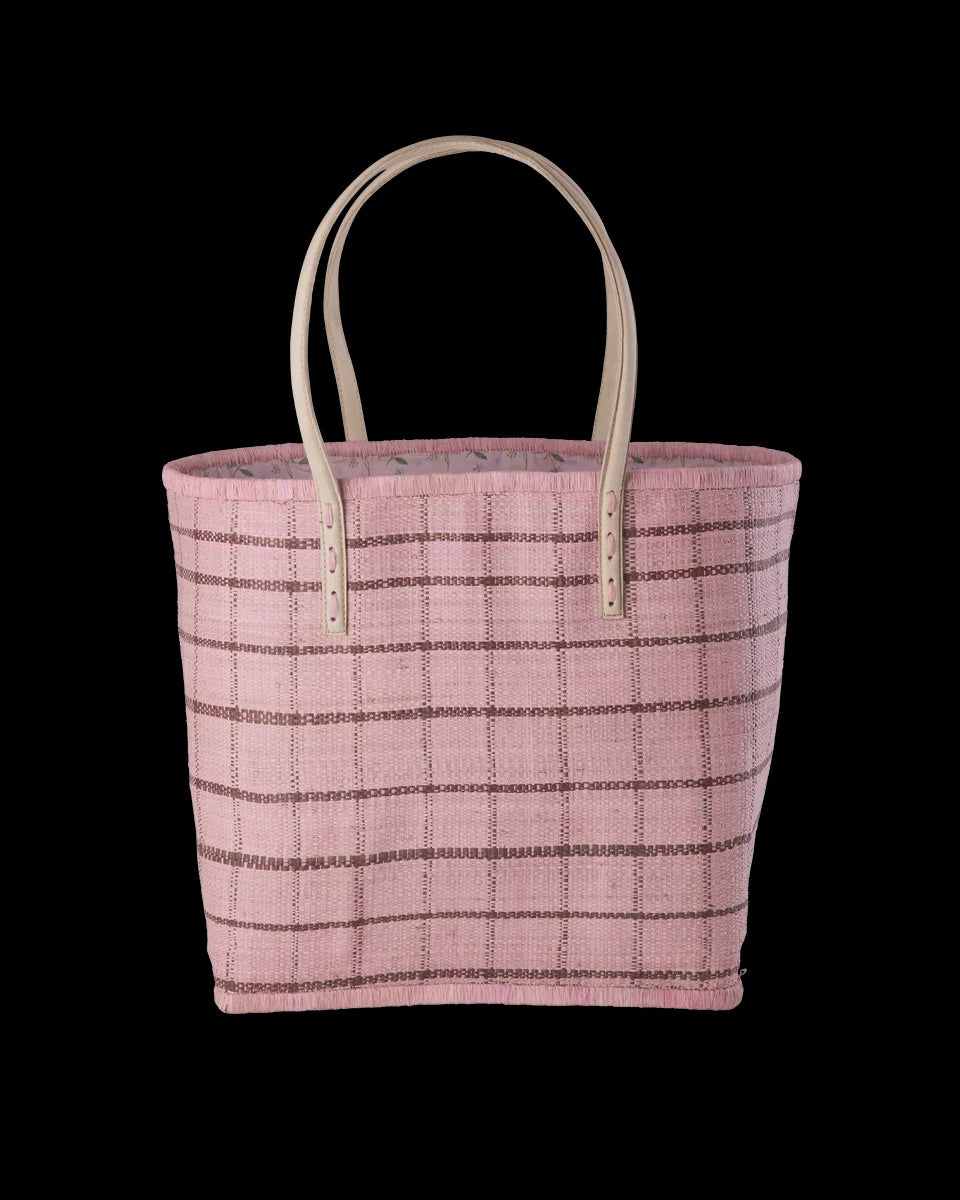 Raffia Bag in Soft Pink and Brown Checks