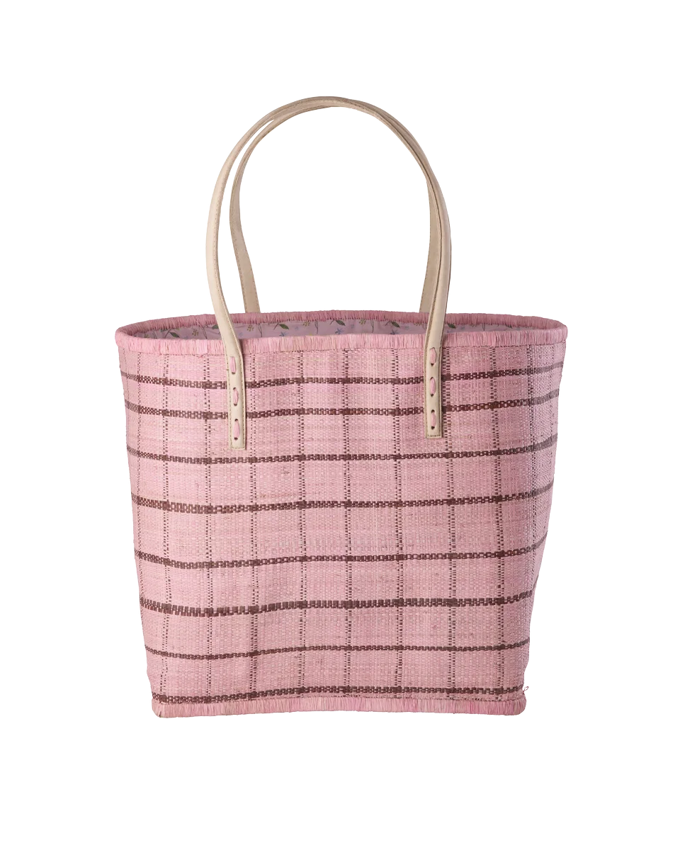 Raffia Bag in Soft Pink and Brown Checks