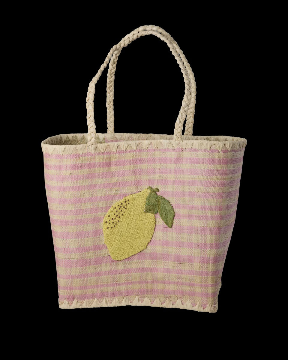 Raffia Bag with Lemon Embroidery in Pink Large