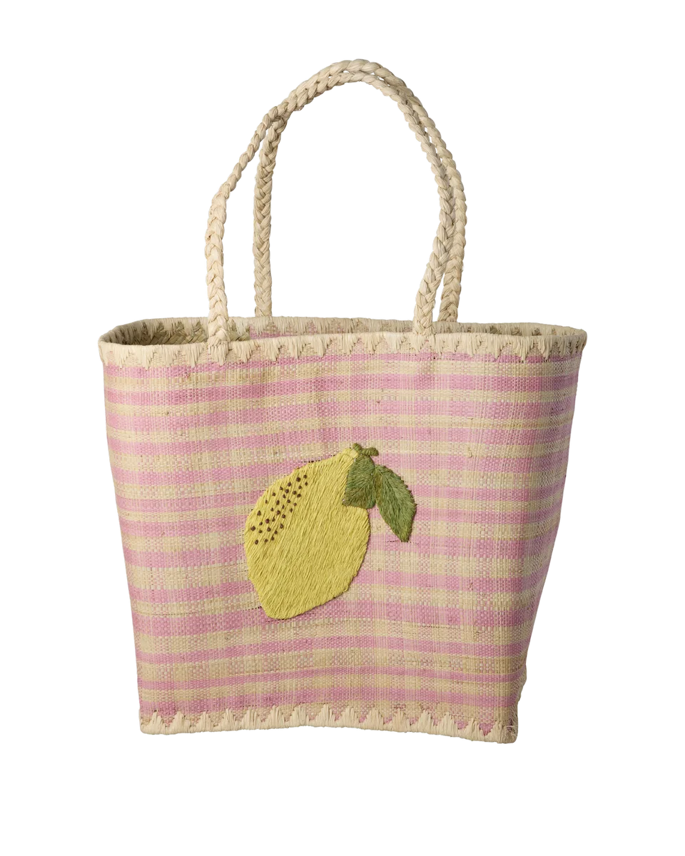 Raffia Bag with Lemon Embroidery in Pink Large
