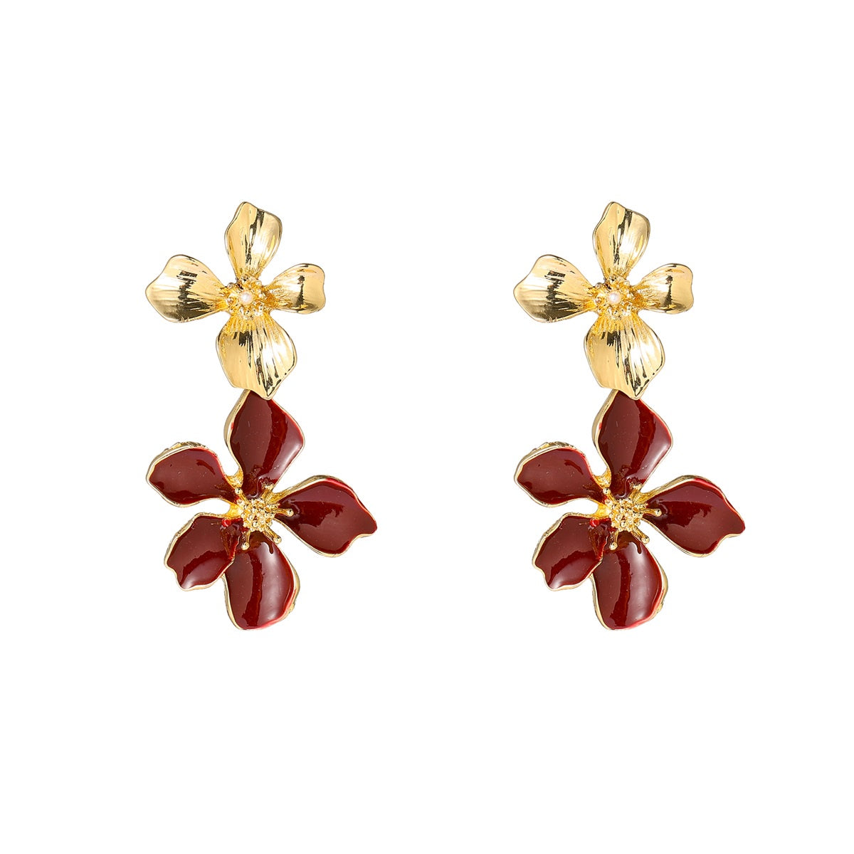 Double Flower Dangle - 14K + Burgundy