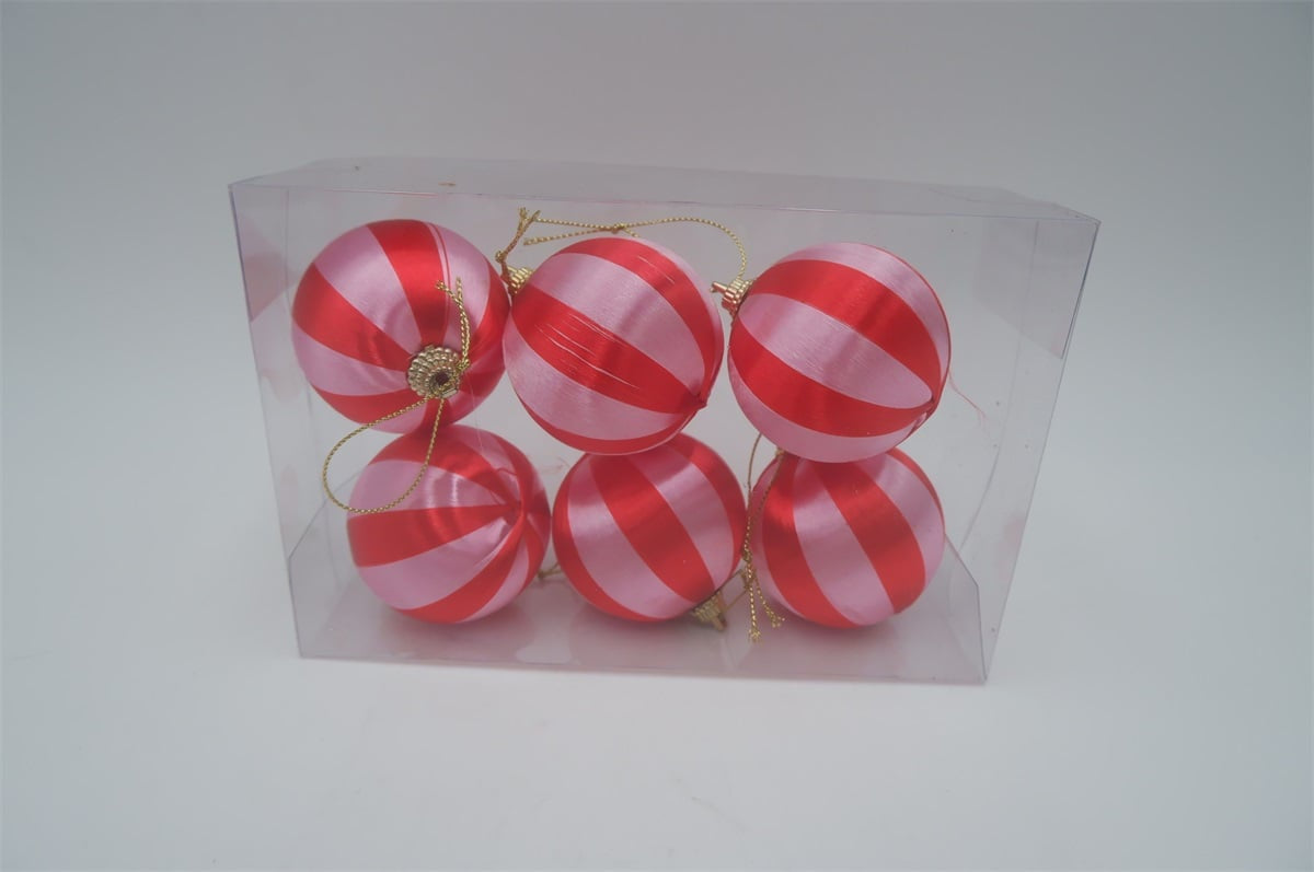Kerstbal set van 6 gestreept roze/rood