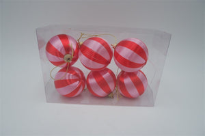 Kerstbal set van 6 gestreept roze/rood