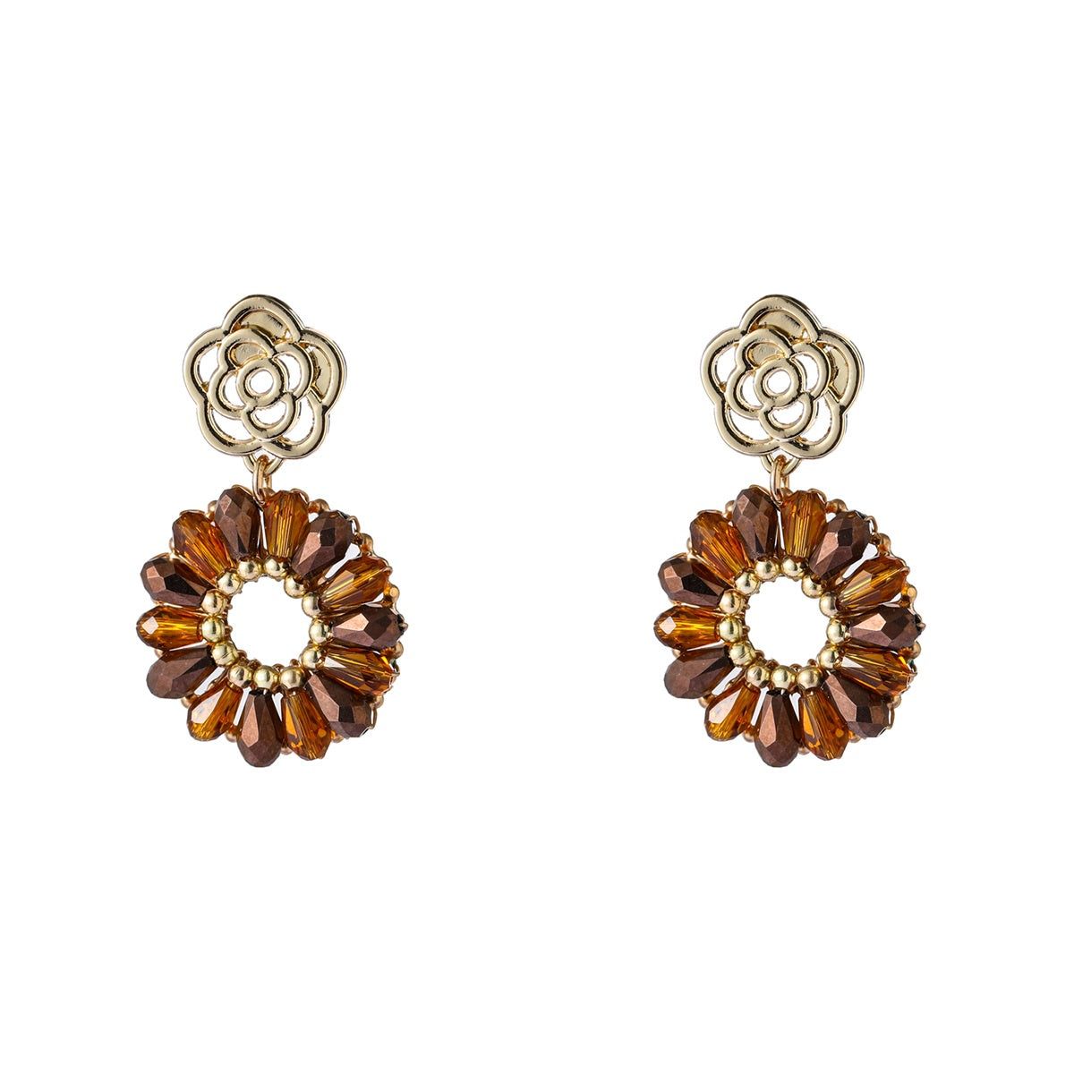 Flower Stud Long Round - 14K + Brown