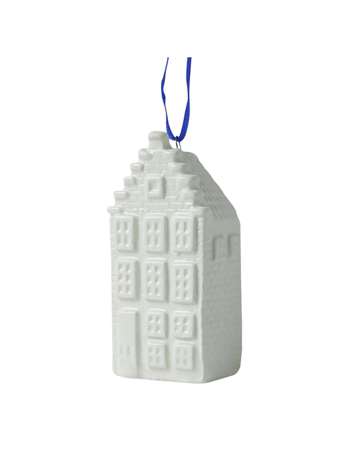 Heinen Delfts Blauw kerstornament huisje wit