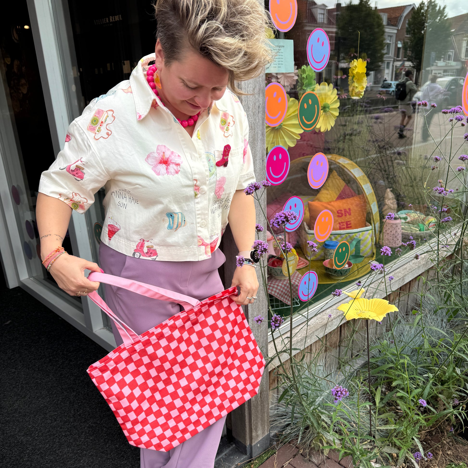 Canvas shopper geblokt roze/rood