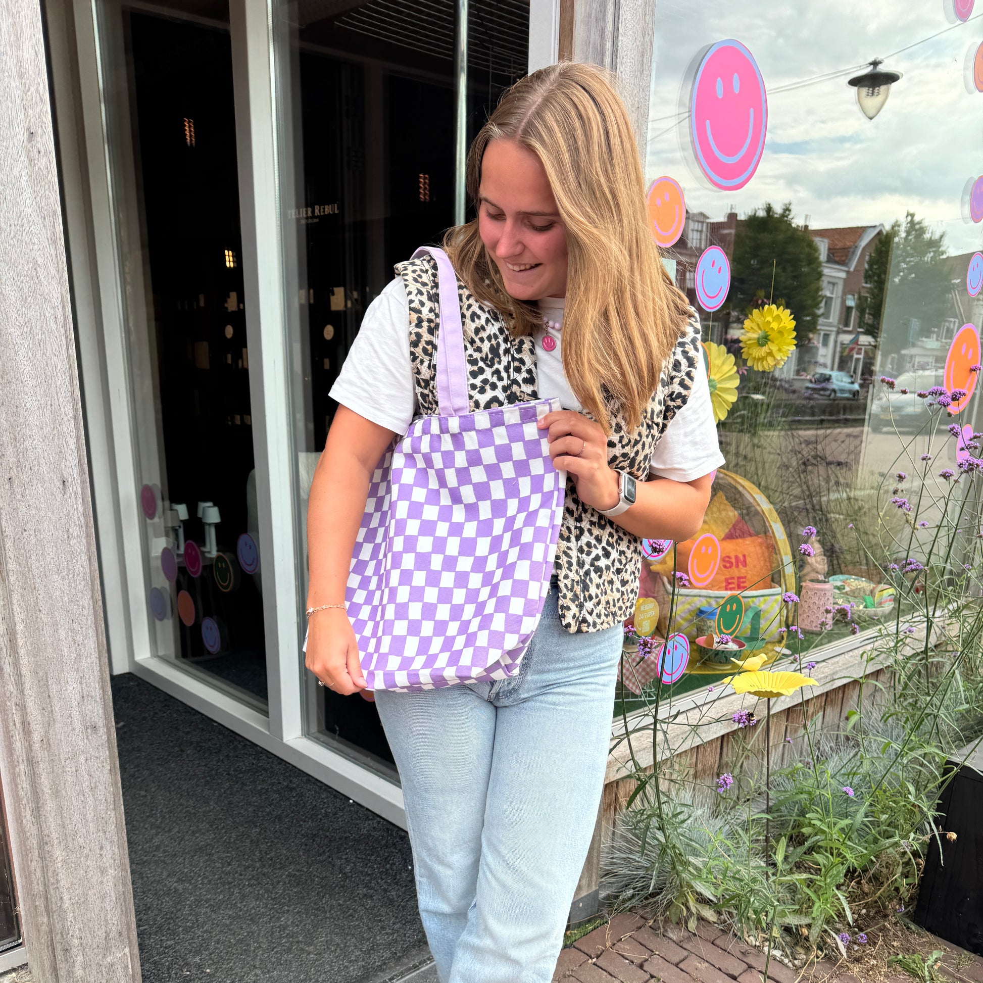 Canvas shopper geblokt wit/paars