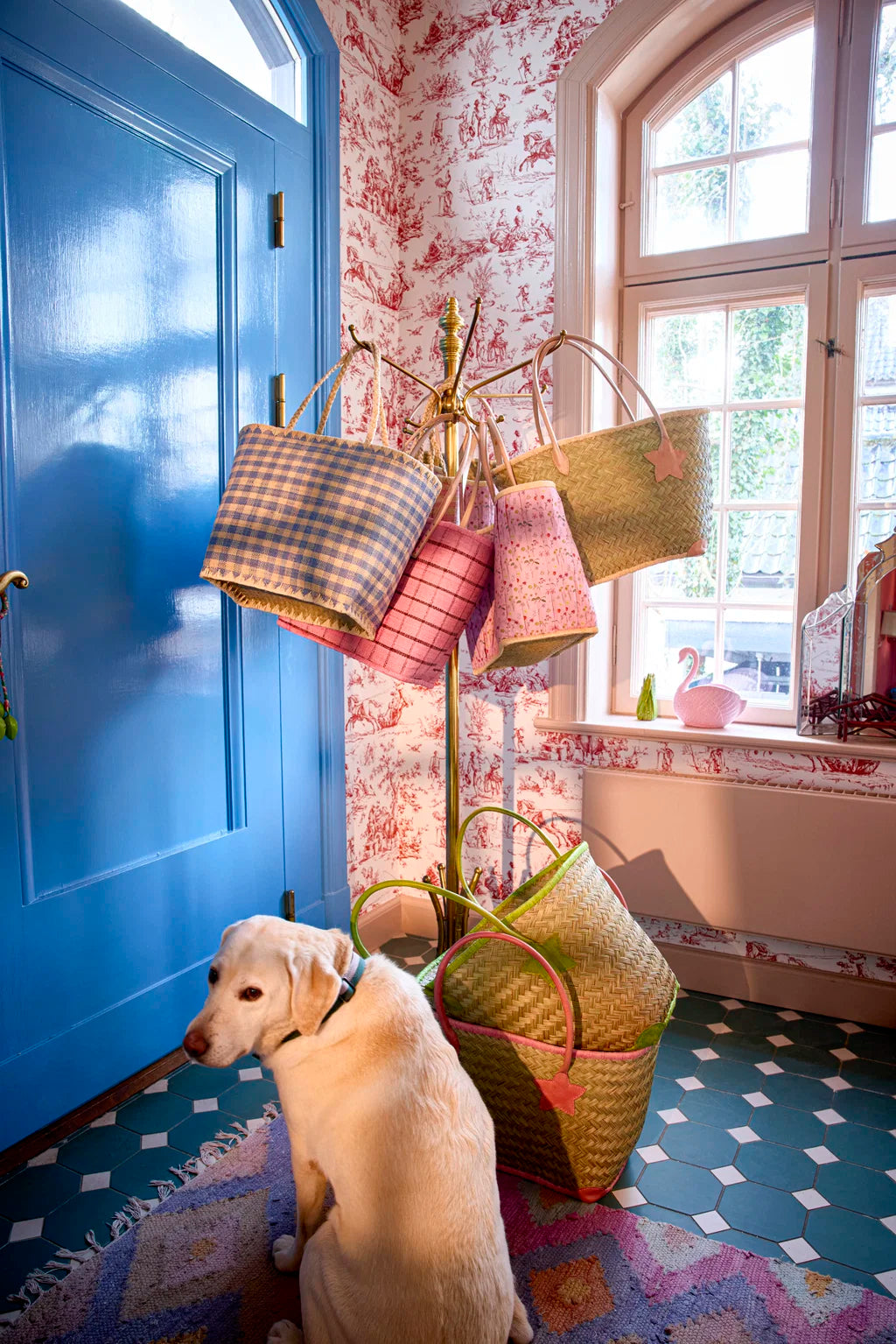 Raffia Bag in Soft Pink and Brown Checks