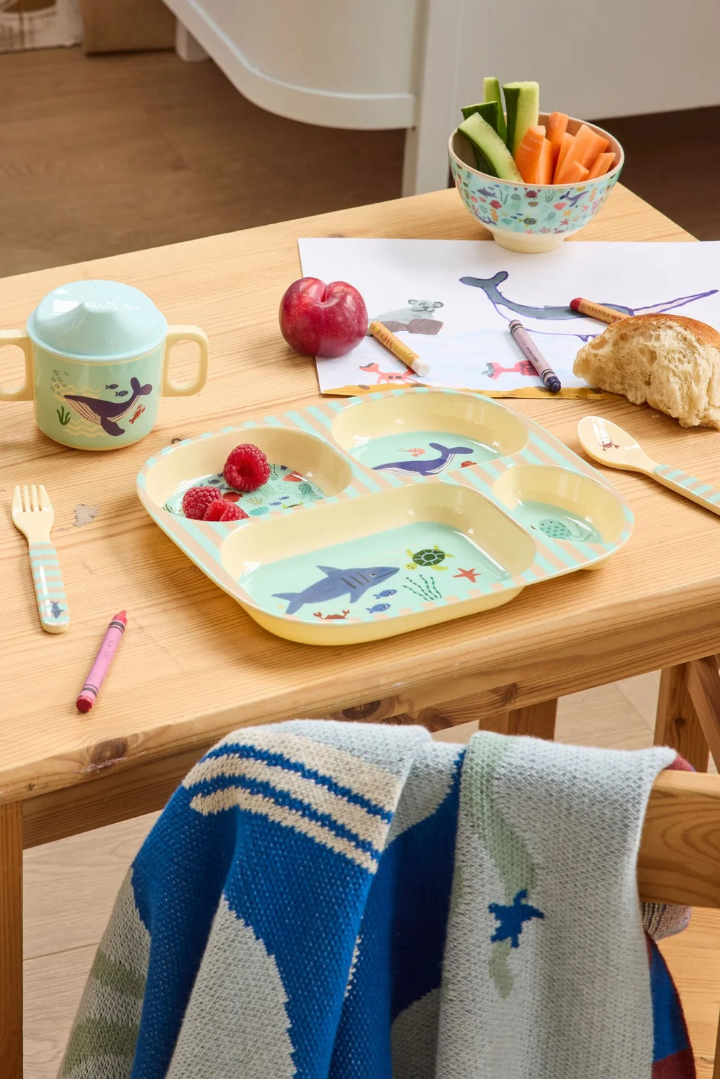 Melamine Kids 4 Room Plate Blue Ocean Print