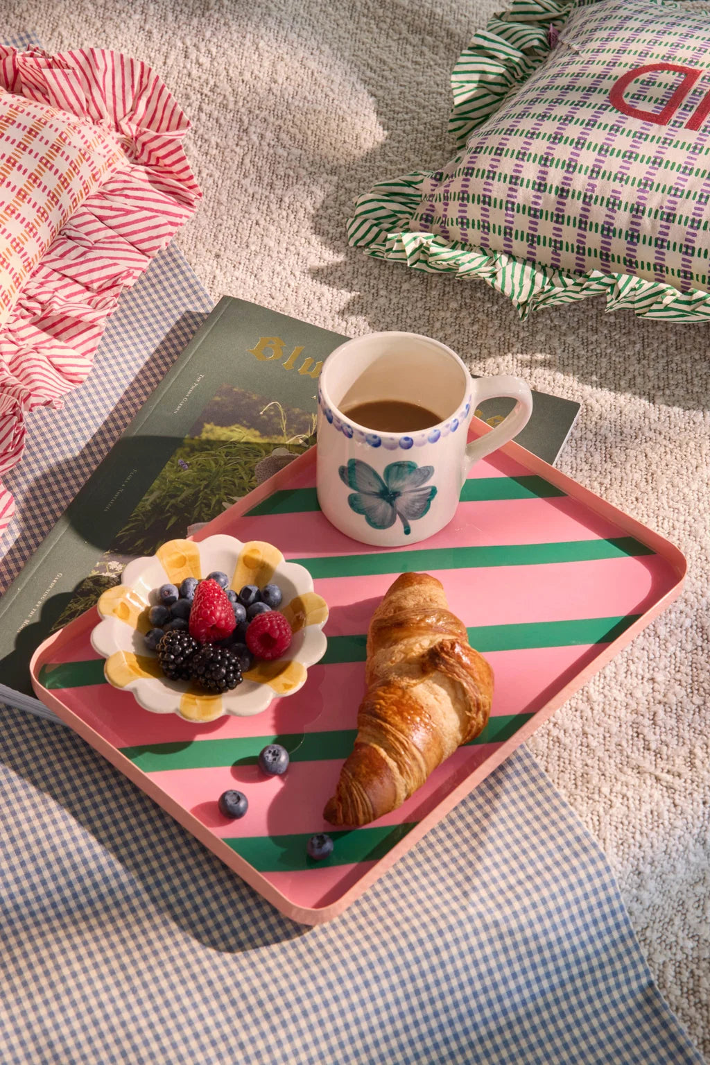 Rectangular Metal Tray Pink Green Stripes Large