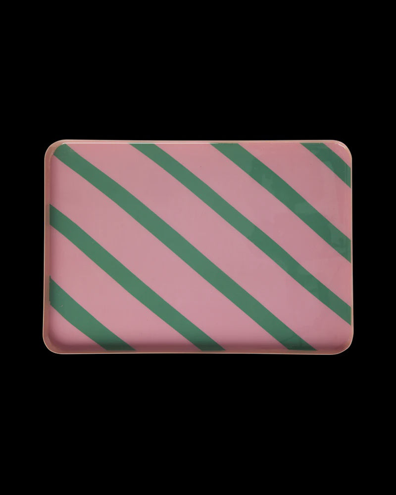 Rectangular Metal Tray Pink Green Stripes Large