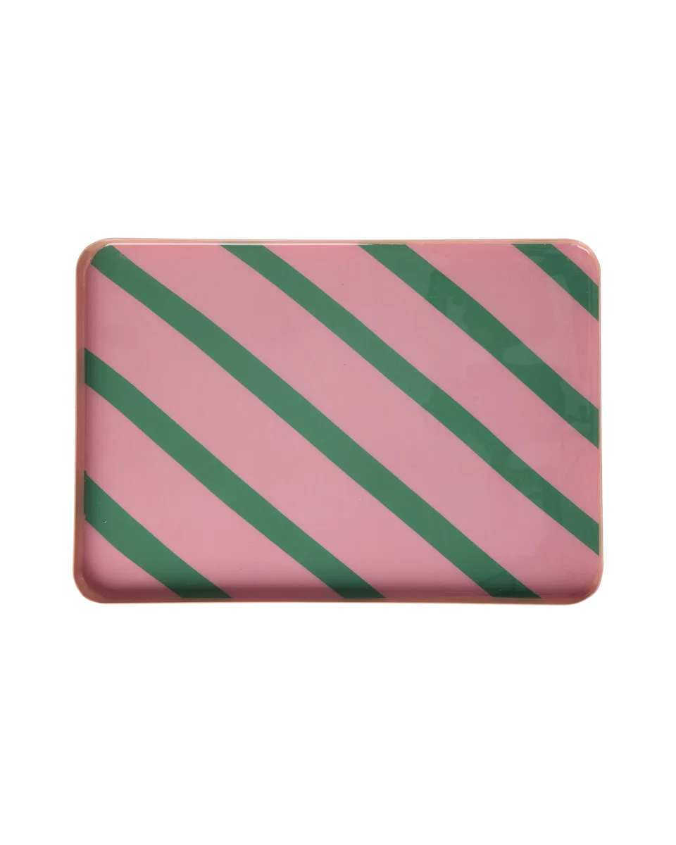 Rectangular Metal Tray Pink Green Stripes Large