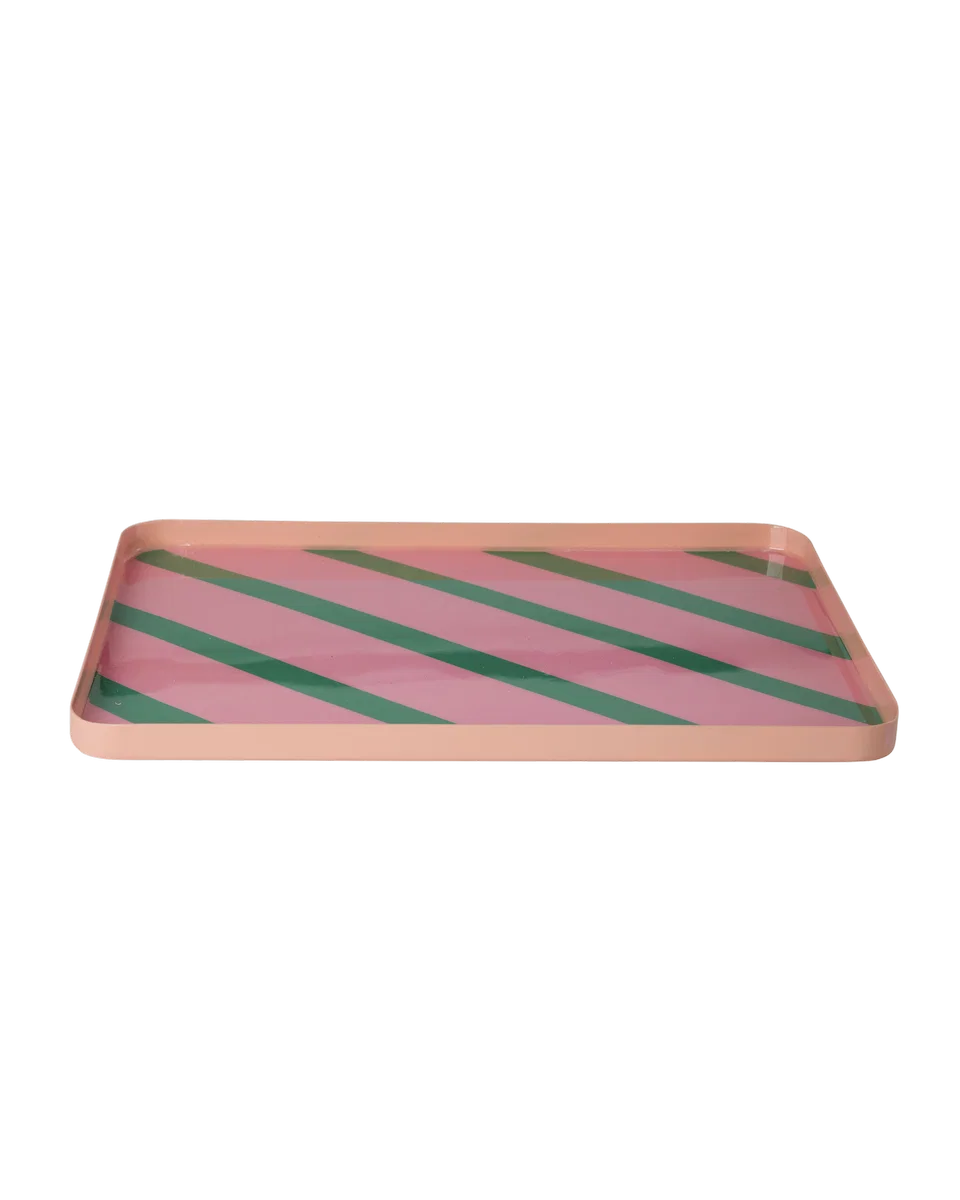 Rectangular Metal Tray Pink Green Stripes Large