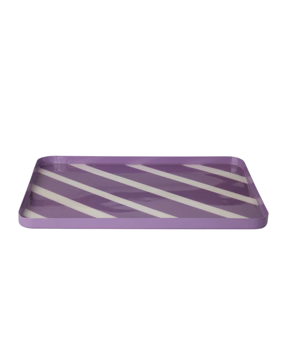 Rectangular Metal Tray Purple White Stripes Large
