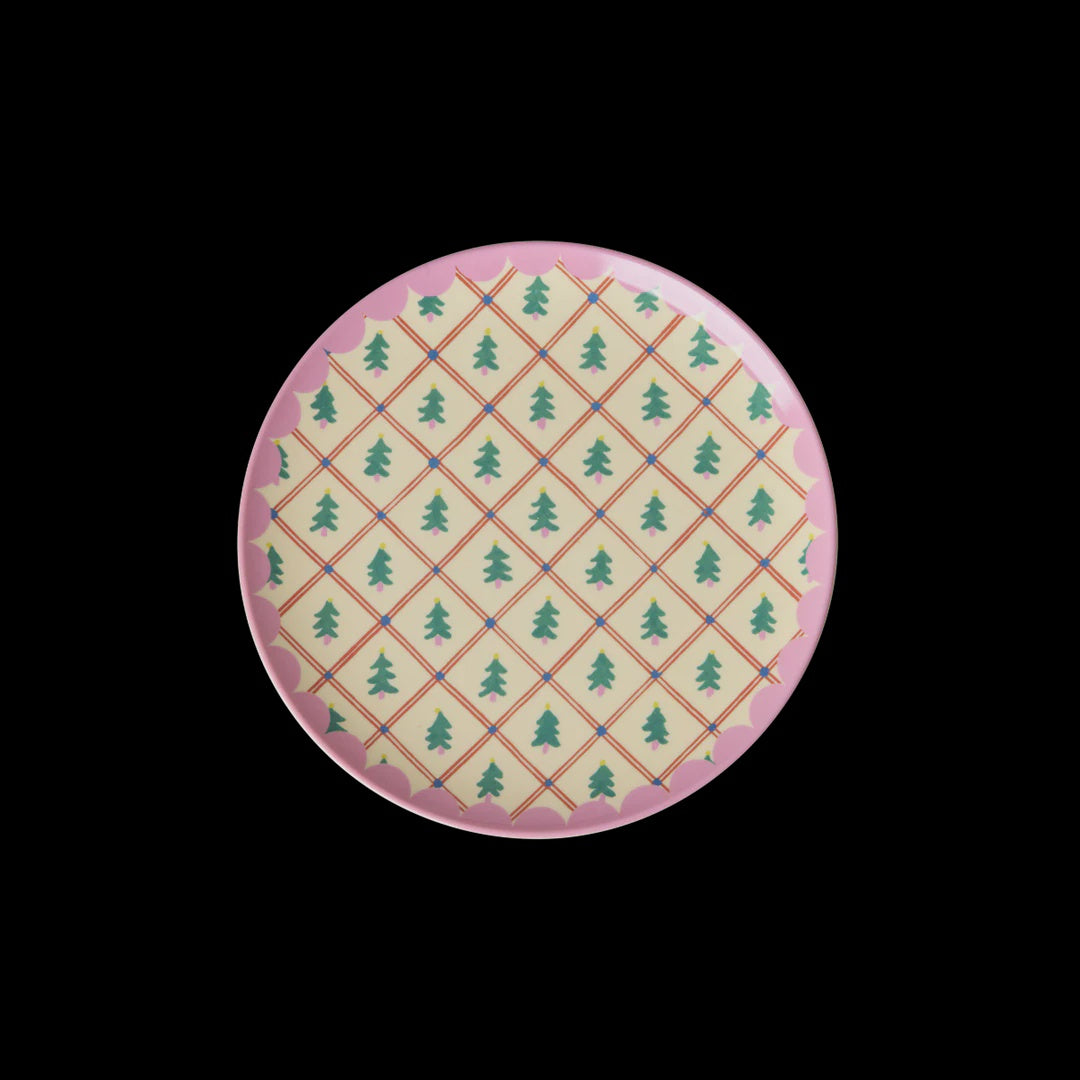 Small Round Cake Plate - Cream - Diamond Christmas Tree Print Rice