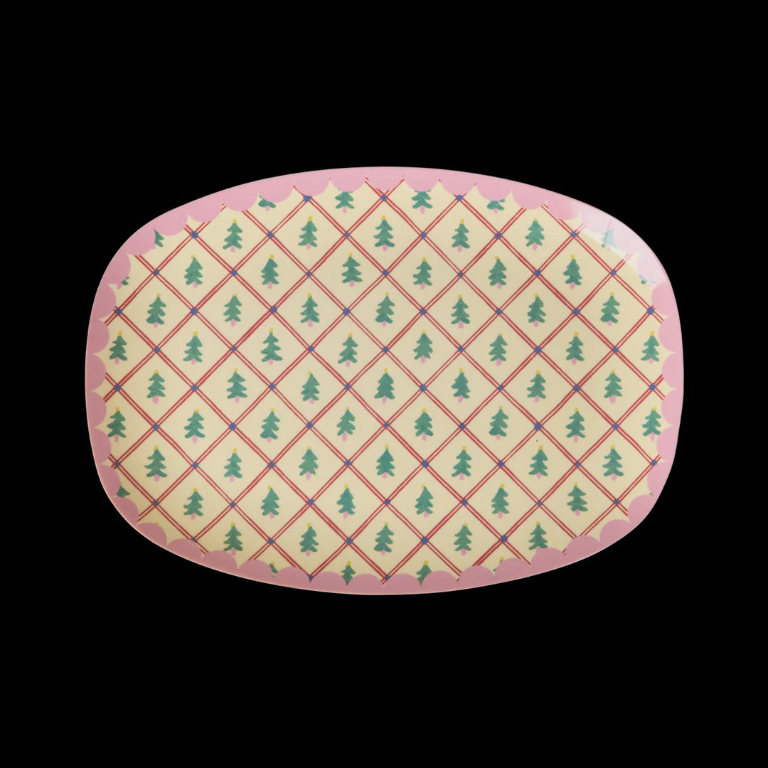Small Rectangular Side Plate - Cream - Diamond Christmas Tree Print Rice
