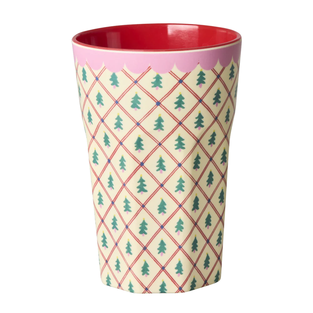 Tall Cup - Cream - Diamond Christmas Tree Print Rice