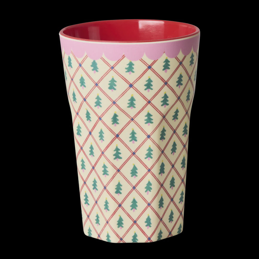 Tall Cup - Cream - Diamond Christmas Tree Print Rice