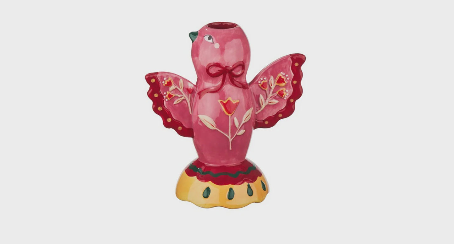 Aardewerk kaarsenstandaard vogel roze