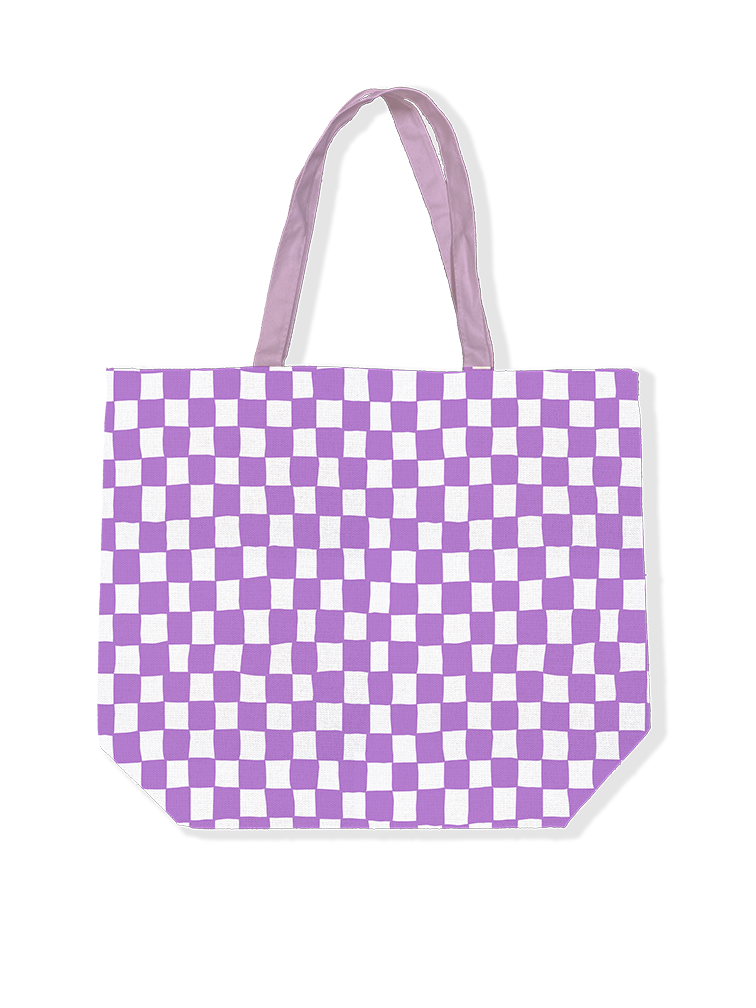 Canvas shopper geblokt wit/paars