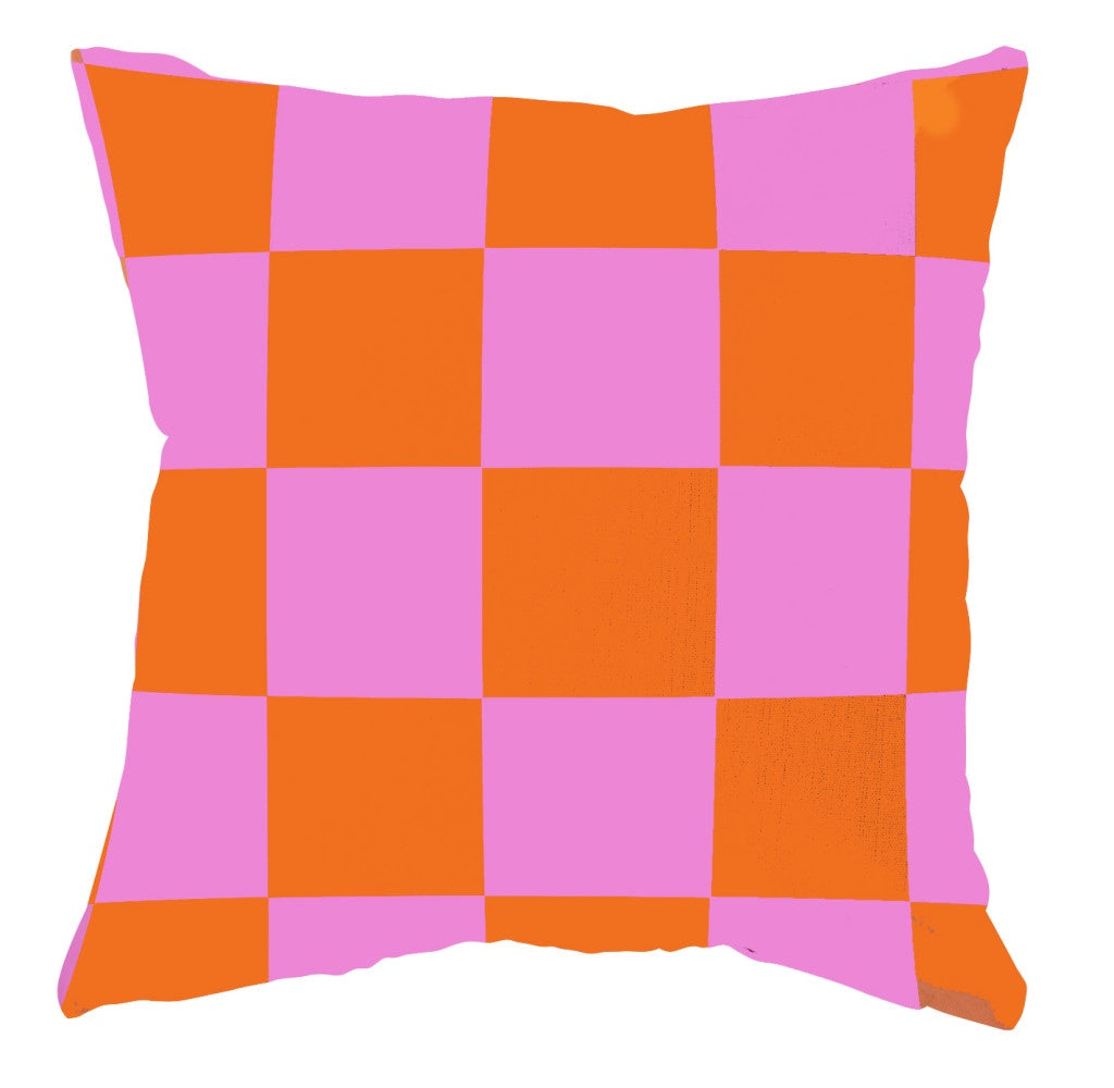 Buitenkussen vierkant geblokt roze/oranje