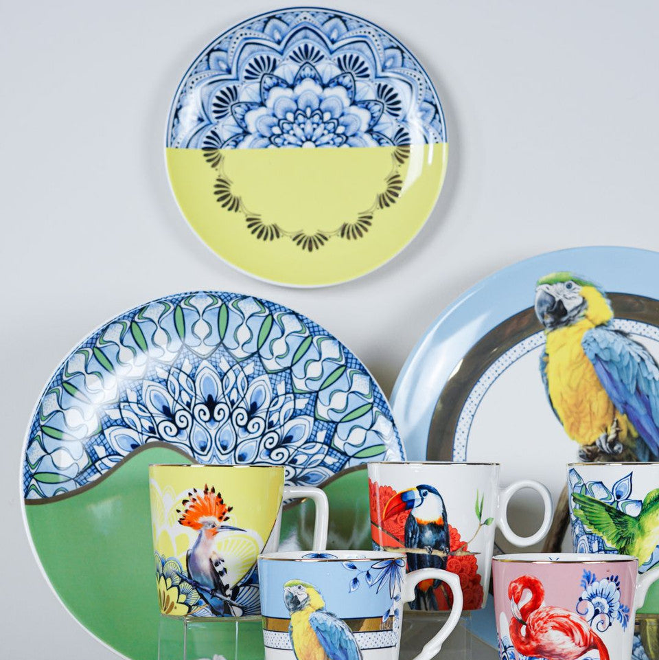 Heinen Delfts Blauw bord Mandala geel 21cm