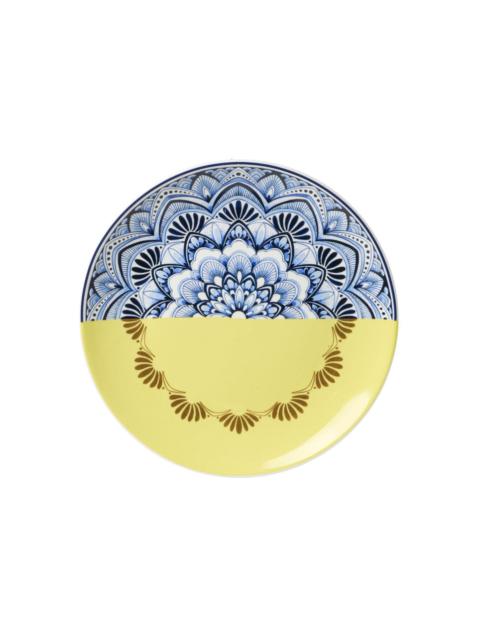 Heinen Delfts Blauw bord Mandala geel 21cm
