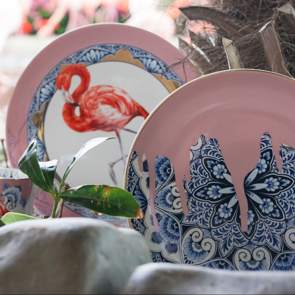 Heinen Delfts Blauw bord Mandala roze