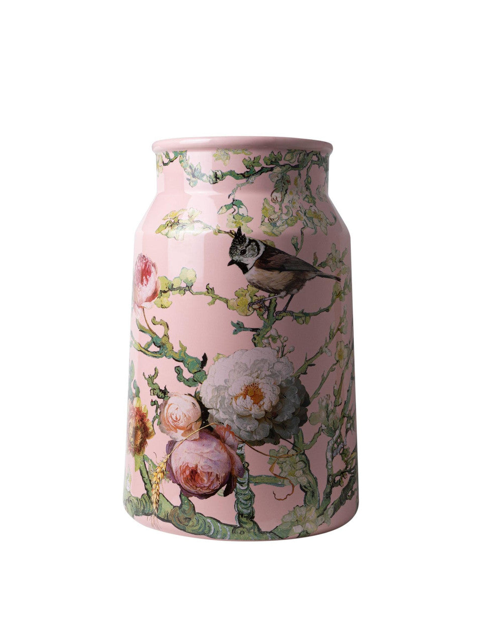 Heinen Delfts Blauw melkbus vaas bosvogels roze