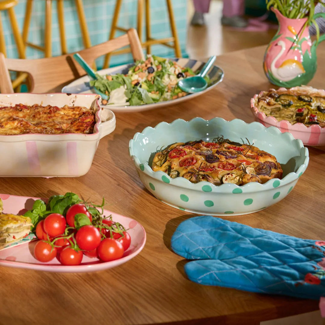 Rice stoneware ovenschaal roze / koraal strepen