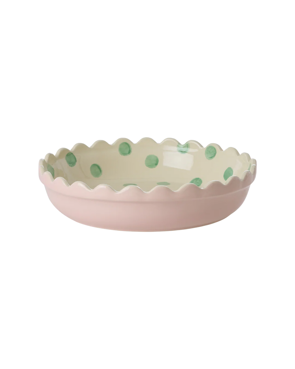 Rice stoneware pie dish pink green dots