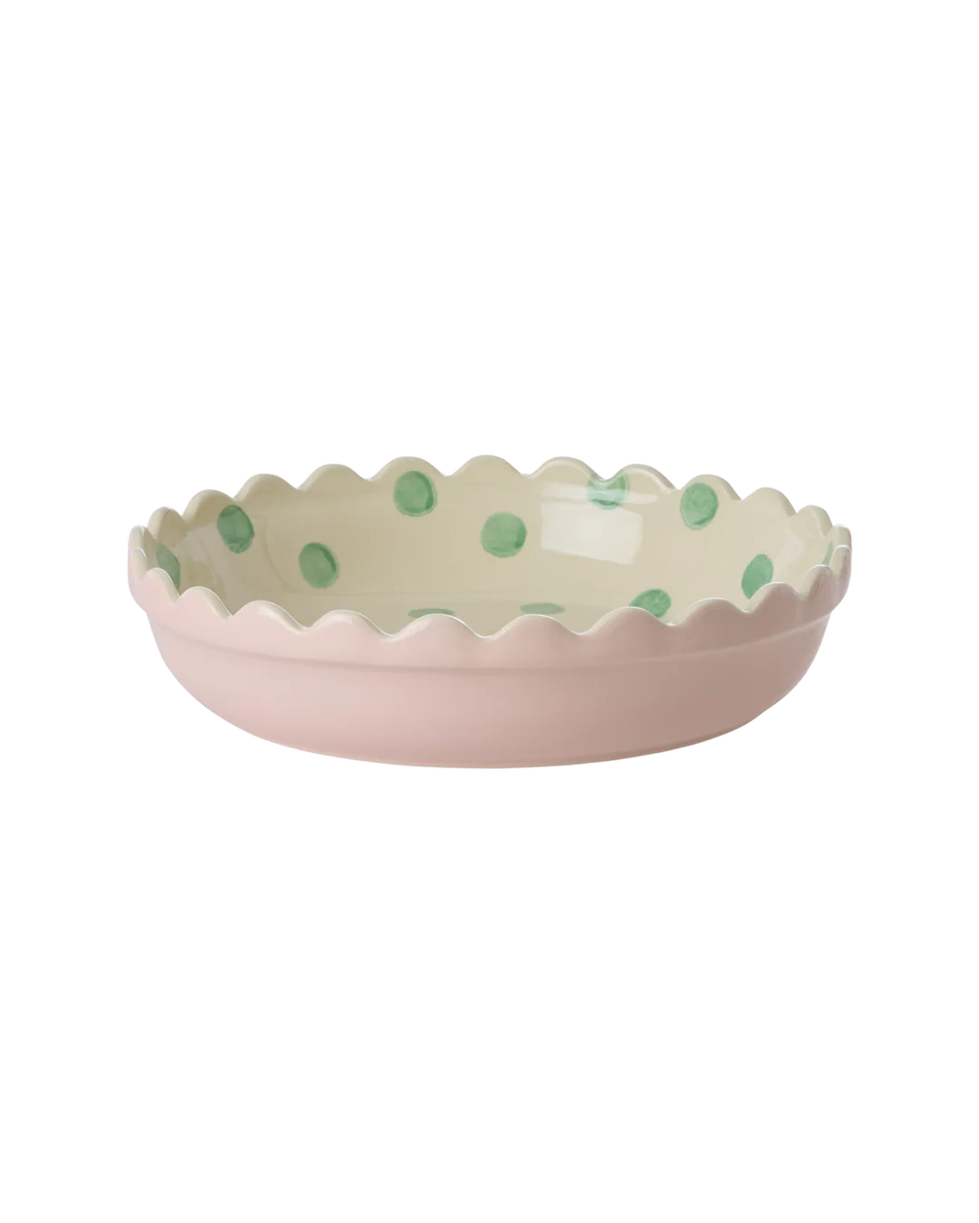 Rice stoneware pie dish pink green dots