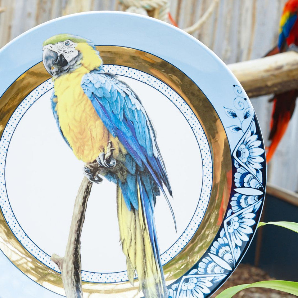 Heinen Delfts Blauw bord Mandela Papegaai 31cm