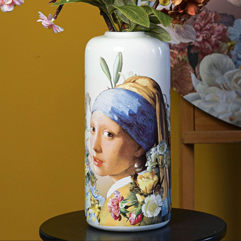 Heinen Delfts Blauw cilindervaas Meisje met de parel pastel
