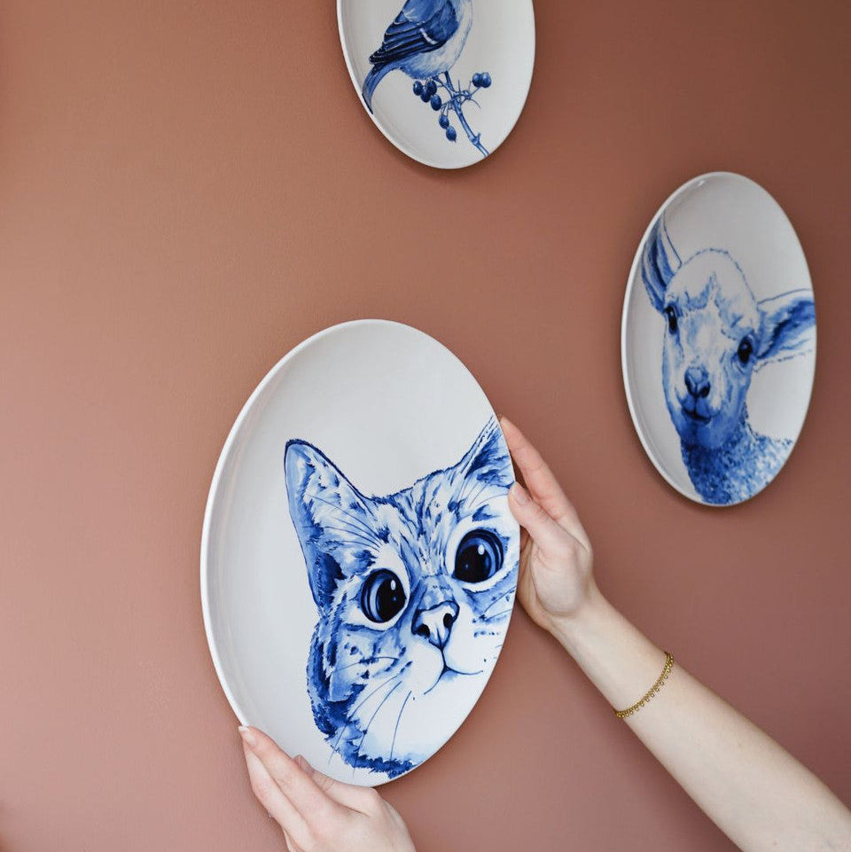 Wandbord 31cm Heinen Delfts Blauw poes