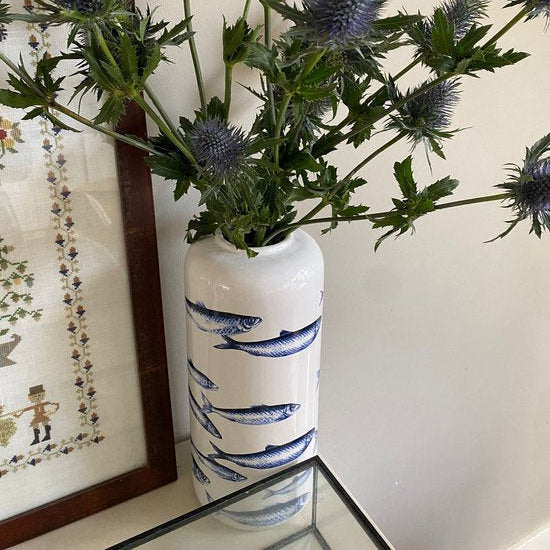 Heinen Delfts Blauw cilindervaas Vissen
